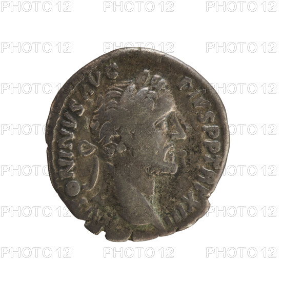 Denarius of Antoninus Pius (86–161; Roman emperor 138–161). Obverse: Emperor's bust in laurel