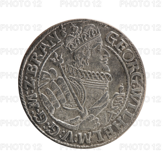 Obv. Bust facing right in a mitre, wide ruff and armor girded with a sash. A sceptre in his right