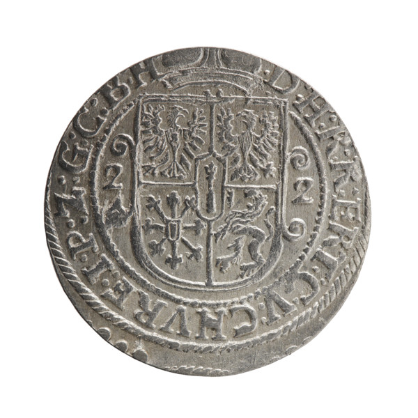 Obverse: Bust facing right in a mitre, wide ruff and armor girded with a sash. A sceptre in his