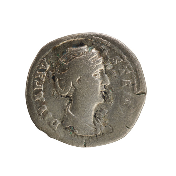 Denarius, after 141 CE. Obverse: legend 'DIVA FAV STIN.' Bust of Faustina the Elder turned to the