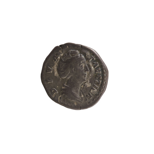 Denarius, after 141 CE. Obverse: Bust of Faustina the Elder turned right, wearing drapery with hair