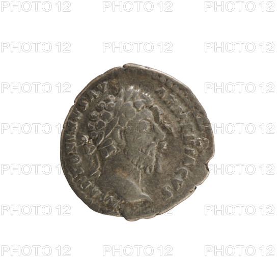 Denarius, Marcus Aurelius (121–180; Roman emperor 161–180). Obverse: Head of Marcus Aurelius with a