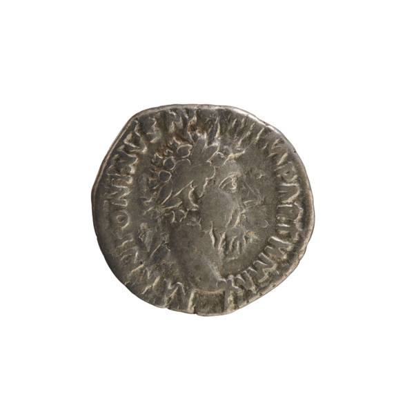 Denarius of Marcus Aurelius (121–180; Roman emperor 161–180). Obverse: Head of Marcus Aurelius with