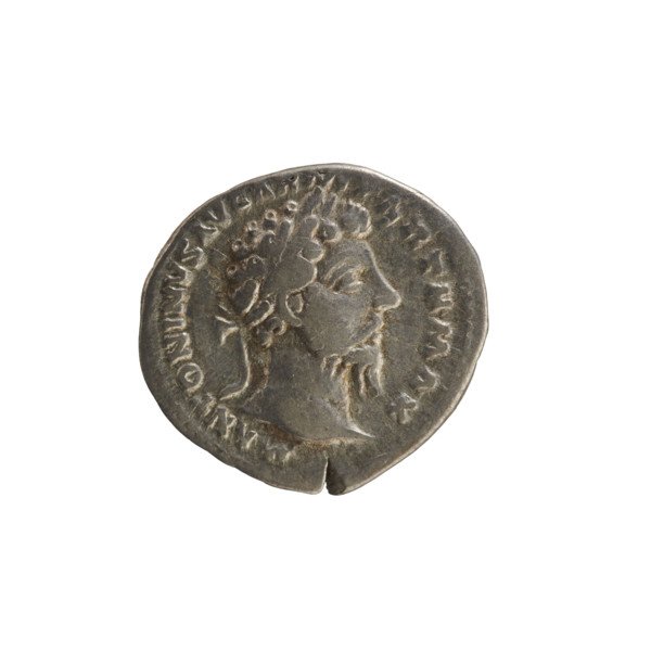 Denarius, Marcus Aurelius (121–180; Roman emperor 161–180). Obverse: head of Marcus Aurelius with a