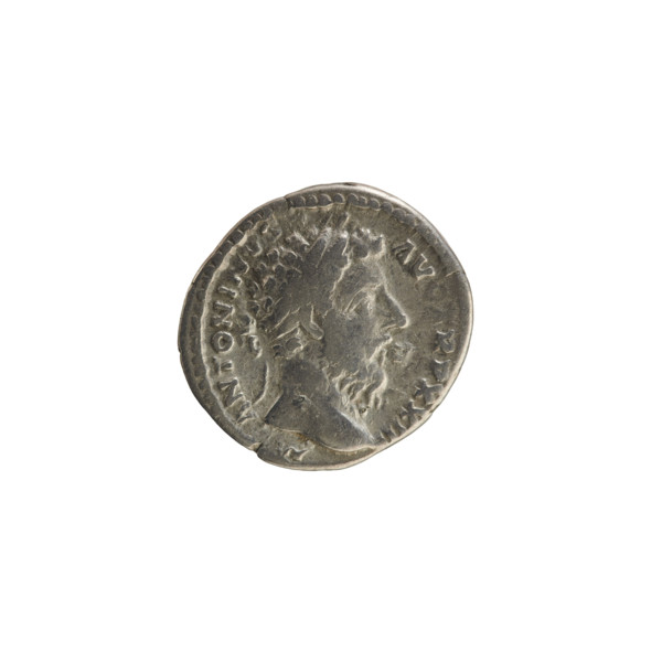 Denarius, Marcus Aurelius (121–180; Roman emperor 161–180). Obverse: Head of Marcus Aurelius with a