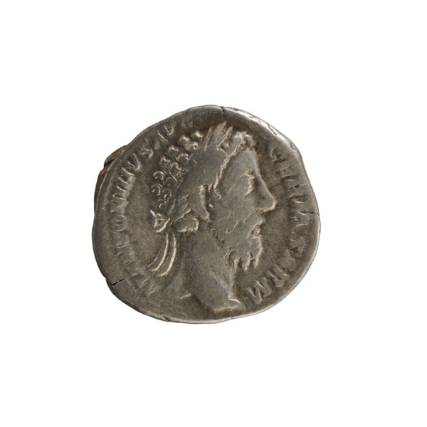 Denarius, Marcus Aurelius (121–180; Roman emperor 161–180). Obverse: Head of Marcus Aurelius with a