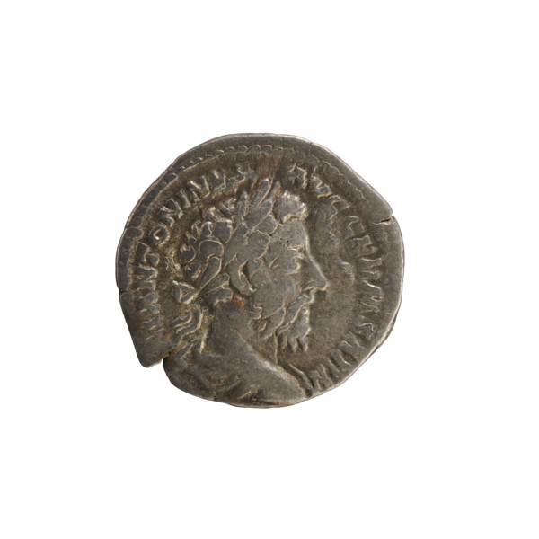 Denarius of Marcus Aurelius (121–180; Roman emperor 161–180). Obverse: Bust of Marcus Aurelius