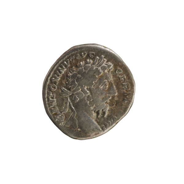 Denarius of Marcus Aurelius (121–180; Roman emperor 161–180). Obverse: Head of Marcus Aurelius with