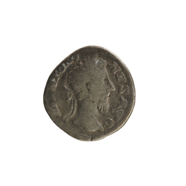 Denarius of Marcus Aurelius (121–180; Roman emperor 161–180). Obverse: head of M. Aurelius with