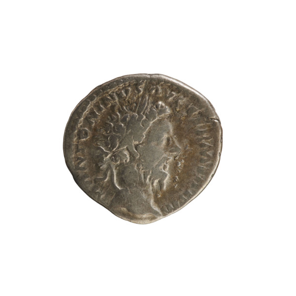 Denarius of Marcus Aurelius (121–180; Roman emperor 161–180). Obverse: Head of Marcus Aurelius with