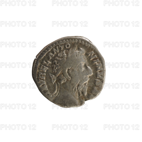 Denarius of Marcus Aurelius (121–180; Roman emperor 161–180). Obverse: Head of Marcus Aurelius in a