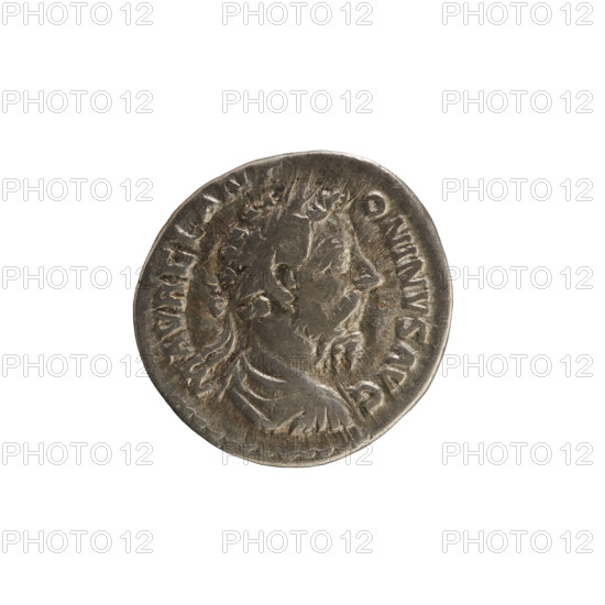 Denarius of Marcus Aurelius (121–180; Roman emperor 161–180). Obverse: Bust of Marcus Aurelius with