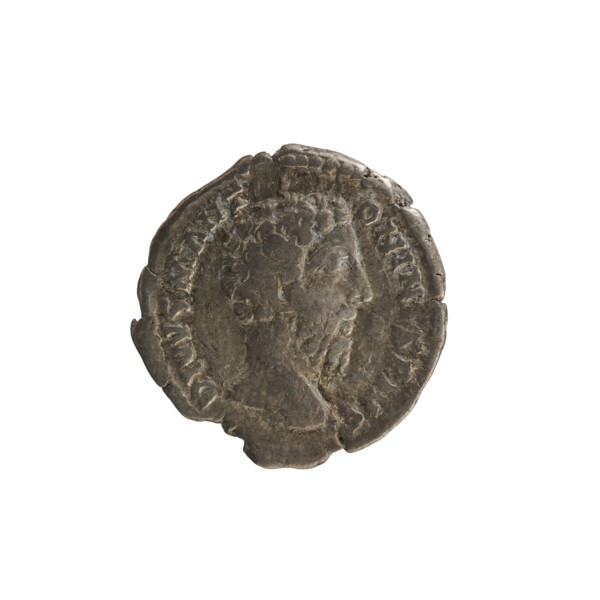 Denarius, posthumous issue for Marcus Aurelius (121–180) and Commodus (161–192). Obverse: Head of