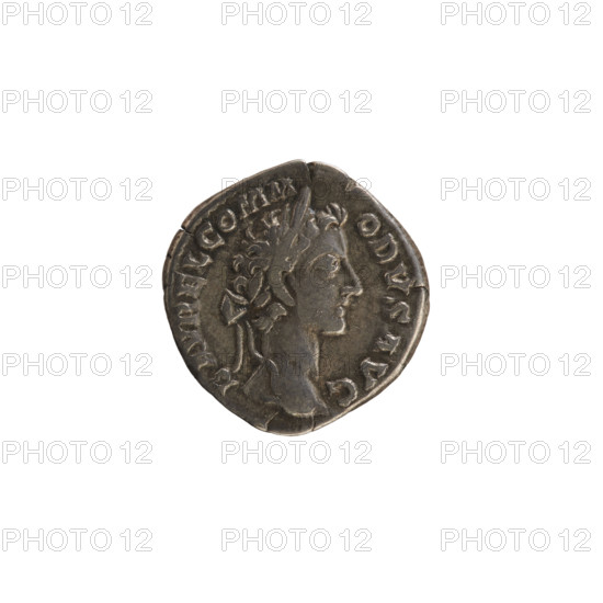 Denarius of Commodus (161–192), obverse: head of Commodus right, laurel wreath, pearled border,