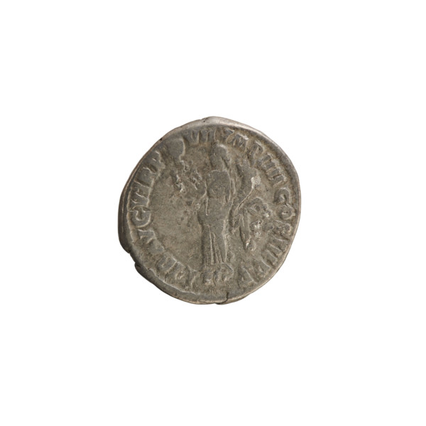 Denarius of Commodus (reign 177–192 AD). Obverse: Emperor's head right, wearing a laurel wreath;