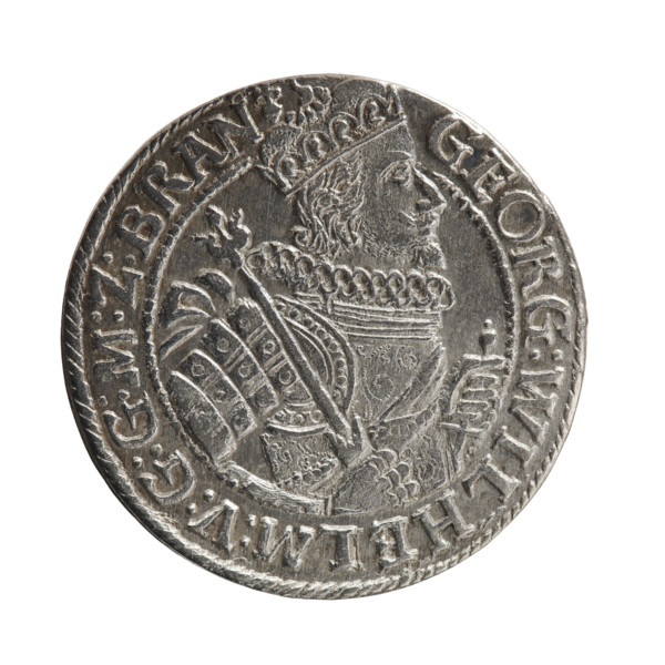 Obv. Bust facing right in a mitre, wide ruff and armor girded with a sash. A sceptre in his right