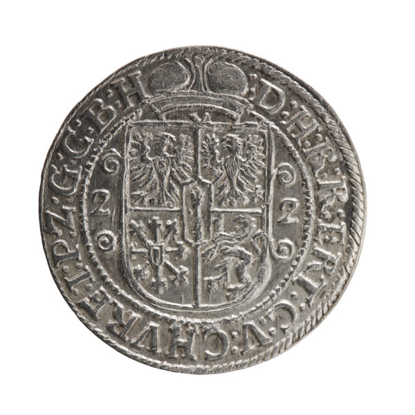 Obv. Bust facing right in a mitre, wide ruff and armor girded with a sash. A sceptre in his right