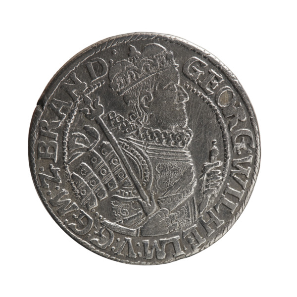 Obv. Bust facing right in a mitre, wide ruff, and armor girded with a sash. A sceptre in his right
