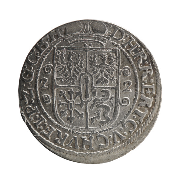 Obv. Bust facing right in a mitre, wide ruff and armor girded with a sash. A sceptre in his right
