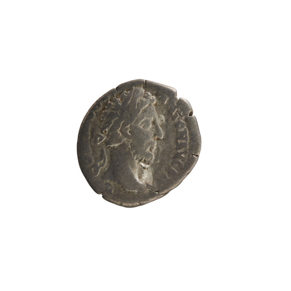 Denarius of Commodus (161–192 CE). Obverse: Emperor's bust right, laurel-wreathed, inscribed COM