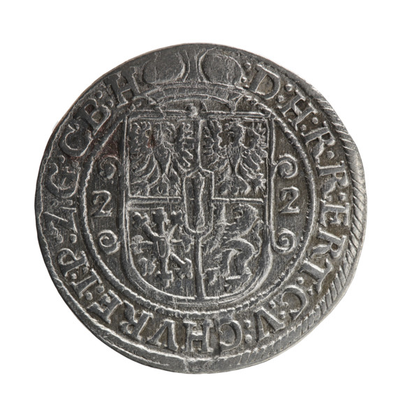 Obv. Bust facing right in a mitre, wide ruff and armor girded with a sash. A sceptre in his right