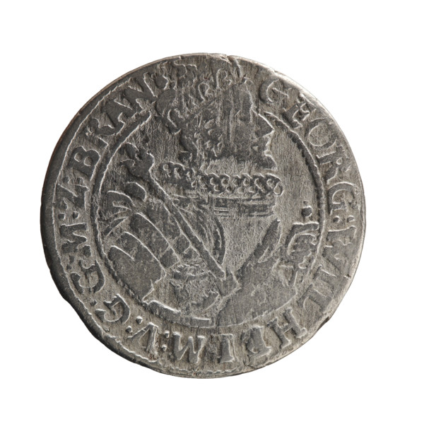 Obv. Bust facing right in a mitre, wide ruff and armor girded with a sash. A sceptre in his right