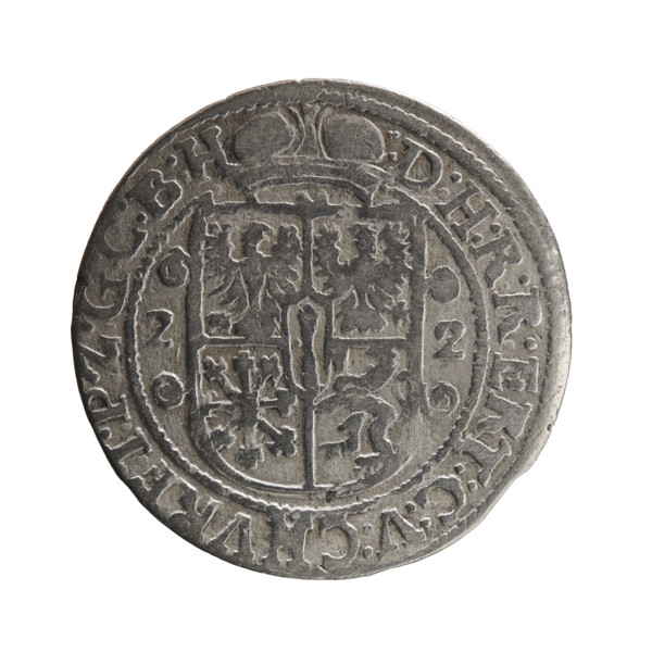 Obv. Bust facing right in a mitre, wide ruff and armor girded with a sash. A sceptre in his right