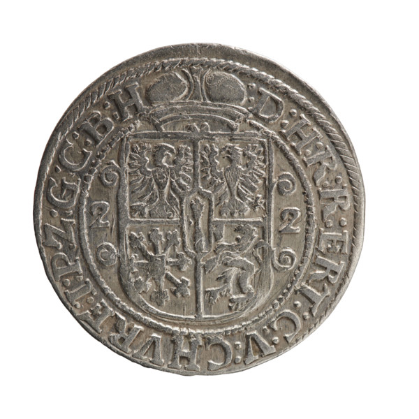 Obv. Bust facing right in a mitre, wide ruff and armor girded with a sash. A sceptre in his right