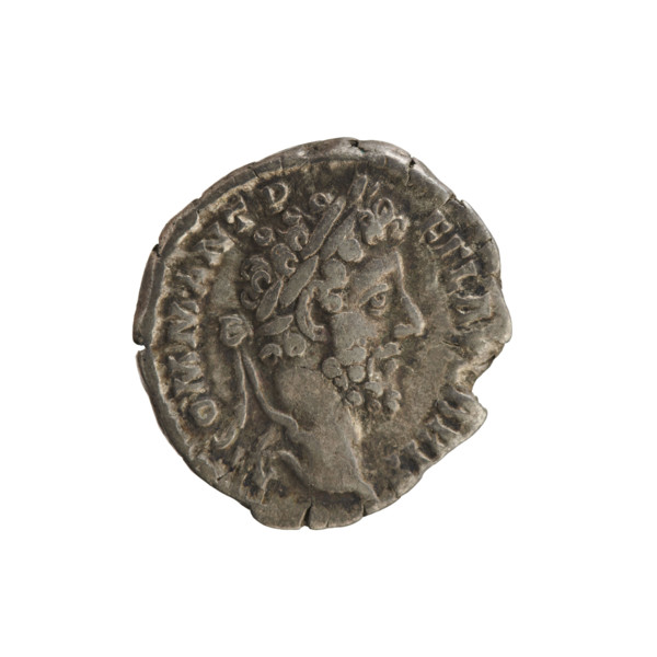 Denarius of Commodus (reigned 177–192). Obverse: Emperor's head right, wearing a laurel wreath;