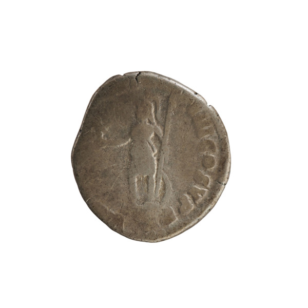 Denarius of Commodus (reign 177–192 CE). Obverse: Emperor's bust right, wearing a laurel wreath;