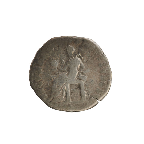 Denarius of Commodus (161–192 CE). Obverse: Laureate bust of the emperor to right; legend