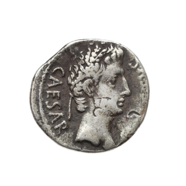 Denarius of Octavian Augustus (63 BC–14; Roman emperor 27 BC–14). Obverse: Head of Augustus in a