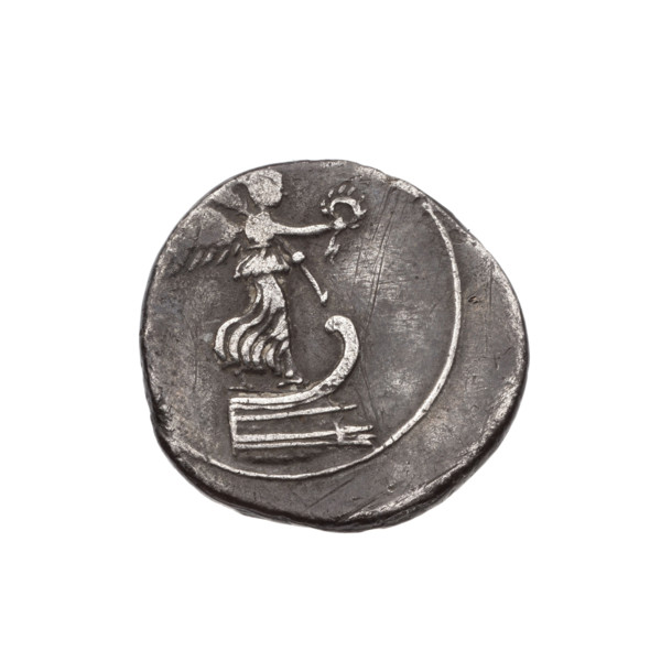 Denarius; obverse: Victoria standing on the prow of a ship facing right, wreath in right hand and