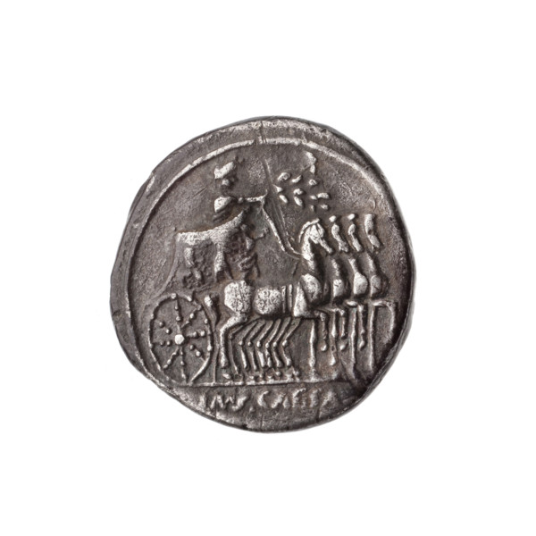 Denarius, ca. 29–27 BC. Obverse: Victoria standing on the prow of a ship turned to the right,