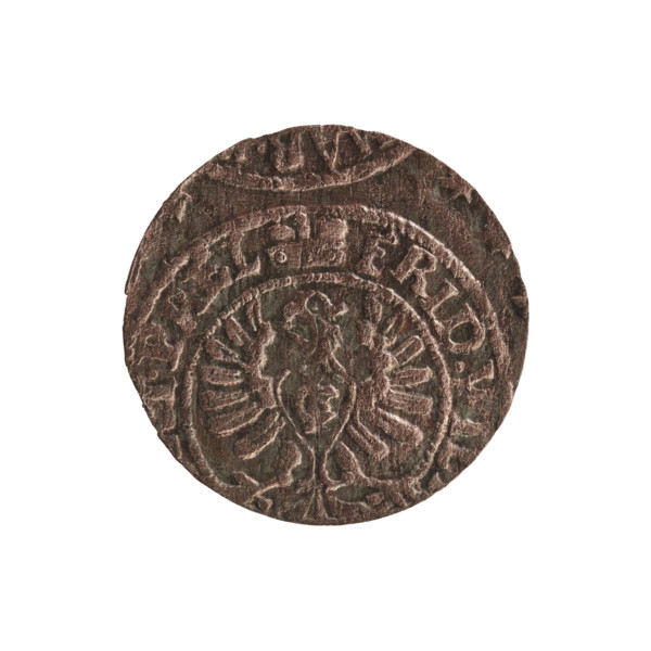 Szelag; section of coins of lands associated with Poland; eagles; cross (iconographic); Frederick