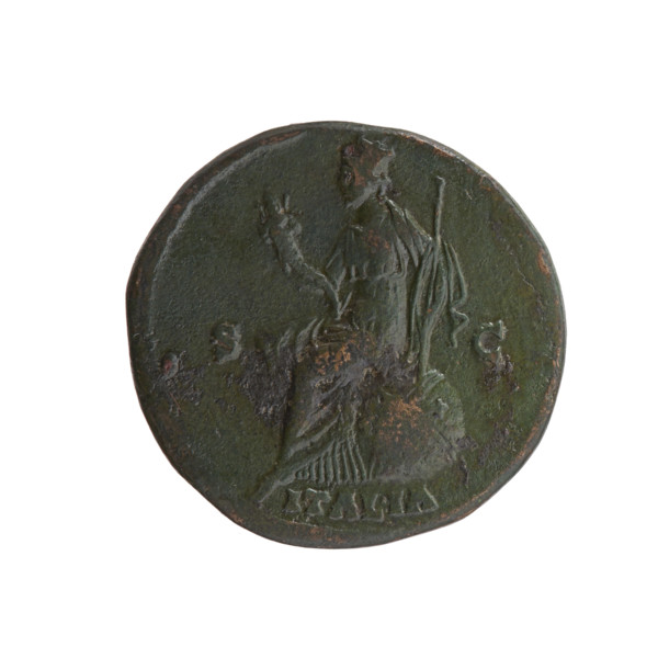 Sestertius of Antoninus Pius (86–161; Roman emperor 138–161), struck 140–144. Obverse: Head of