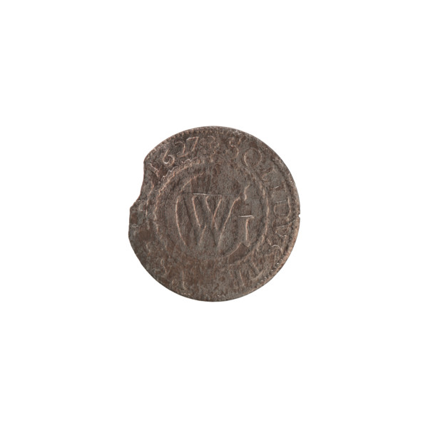 szelag by Ernest Pfahler, from the Wislica hoard; obverse: Prussian eagle with crowned letter S on