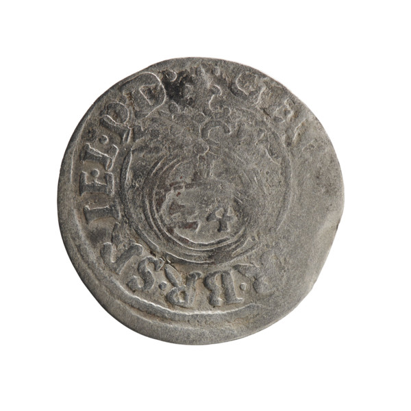 One-and-a-half coin, Ernest Pfahler. Obverse: royal orb with a cross whose arms terminate in