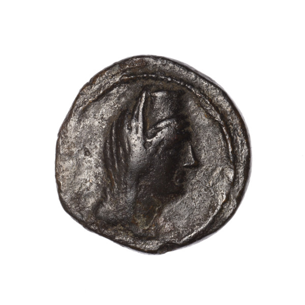 Bronze coin, Pantikapaion (as Kaisarea); obverse: woman's head in kalathos and veil (Aphrodite