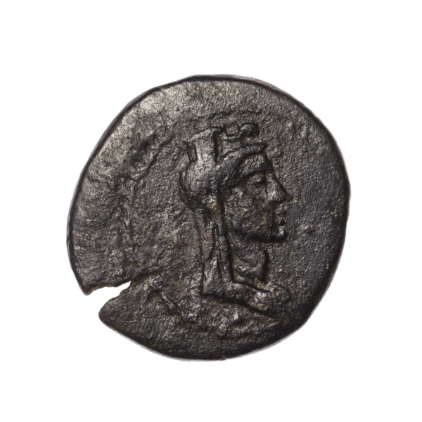 bronze coin, Pantikapaion (as Kaisarea); busts of a woman in a mural crown and a veil (Aphrodite