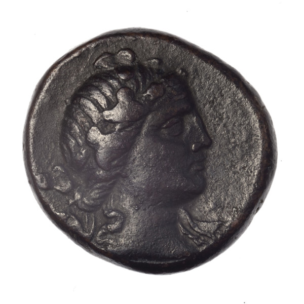 Bronze coin from Pantikapaion; obverse: head of young Dionysus in an ivy wreath facing right;