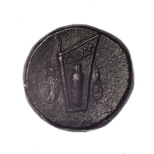 bronze coin, Pantikapaion; obverse: head of young Dionysus in an ivy wreath facing right; reverse: