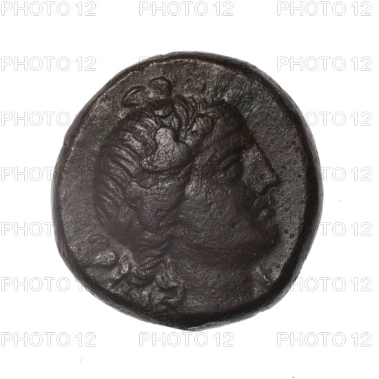 bronze coin, Pantikapaion; obv.: head of young Dionysus in an ivy wreath facing right; rv.: bow and