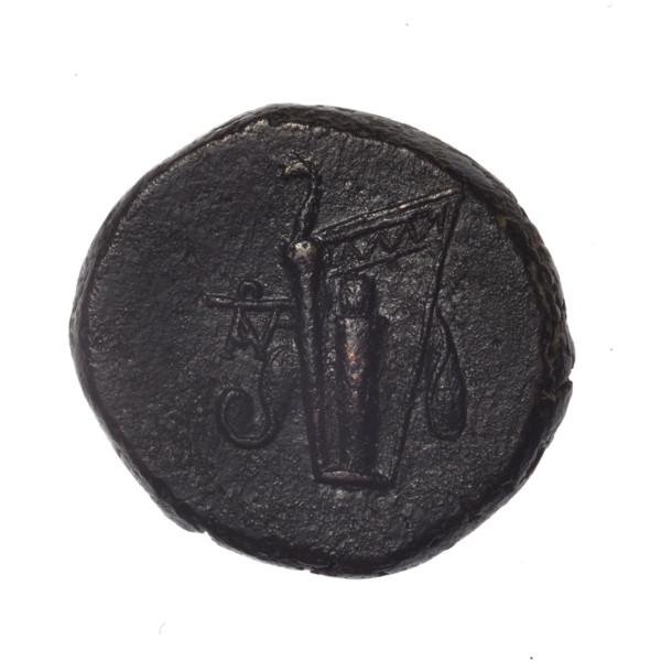 bronze coin, Pantikapaion; obverse: head of young Dionysus in an ivy wreath facing right; reverse: