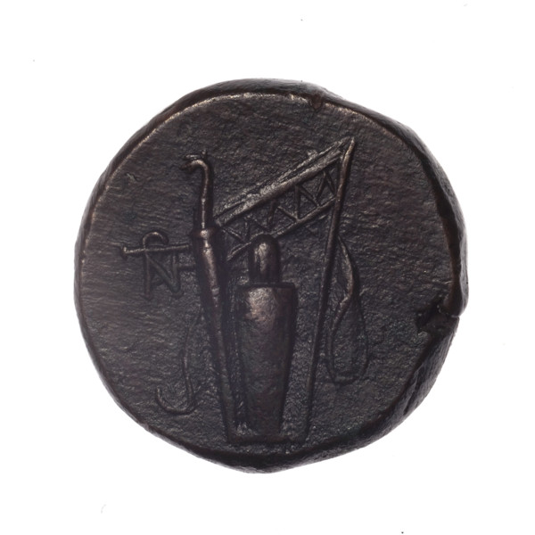 bronze coin, Pantikapaion, obv.: head of young Dionysus in an ivy wreath facing right; rv.: bow and