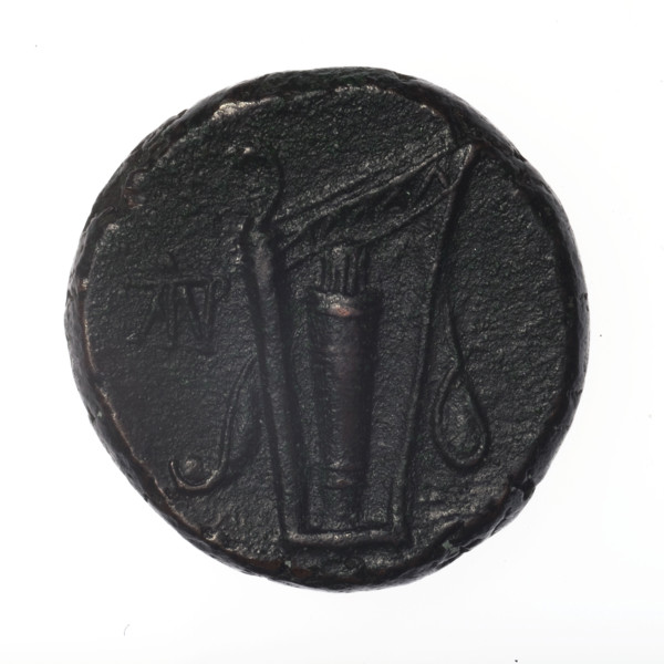 Bronze coin, Pantikapaion; obverse: head of young Dionysus in an ivy wreath facing right; reverse: