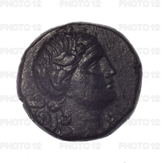 bronze coin, Pantikapaion; obverse: head of young Dionysus in an ivy wreath facing right; reverse: