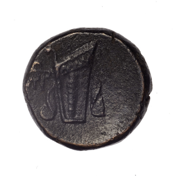 bronze coin, Pantikapaion; obverse: head of young Dionysus in an ivy wreath facing right; reverse: