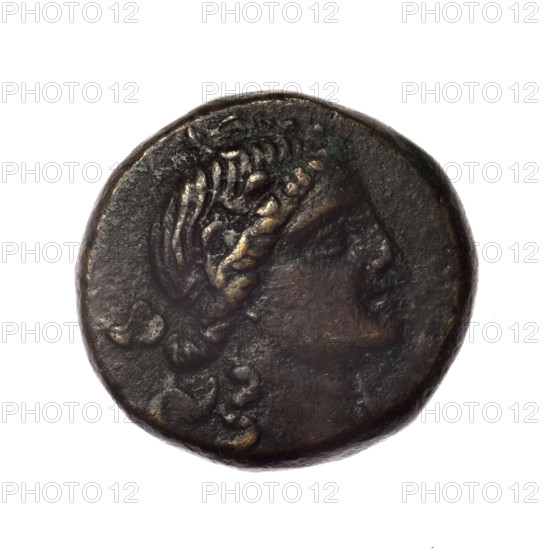 Bronze coin, Pantikapaion; obverse: head of young Dionysus in ivy wreath facing right; reverse: bow