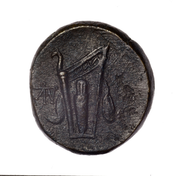 bronze coin, Pantikapaion; obverse: head of young Dionysus in an ivy wreath facing right; reverse: